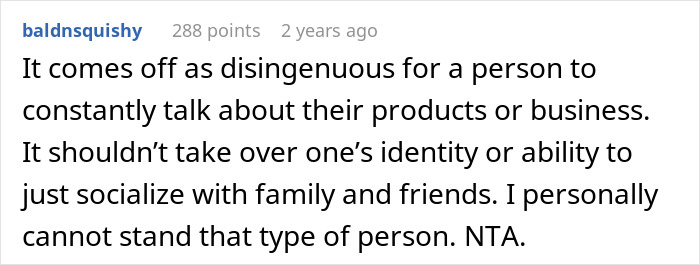 Reddit comment discussing Etsy artist self-promoting bracelets and coupons at family event, hubby upset. Reddit comment discussing Etsy artist self-promoting bracelets and coupons at family event, hubby upset.
