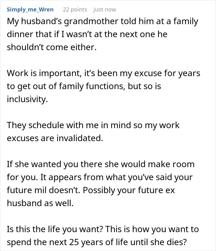 Screenshot of a text post discussing a future MIL scheduling family events on days a lady is working, causing her to stop attending.