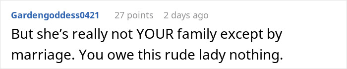 Screenshot of an online comment discussing a woman refusing to let her homeless sister-in-law move in.