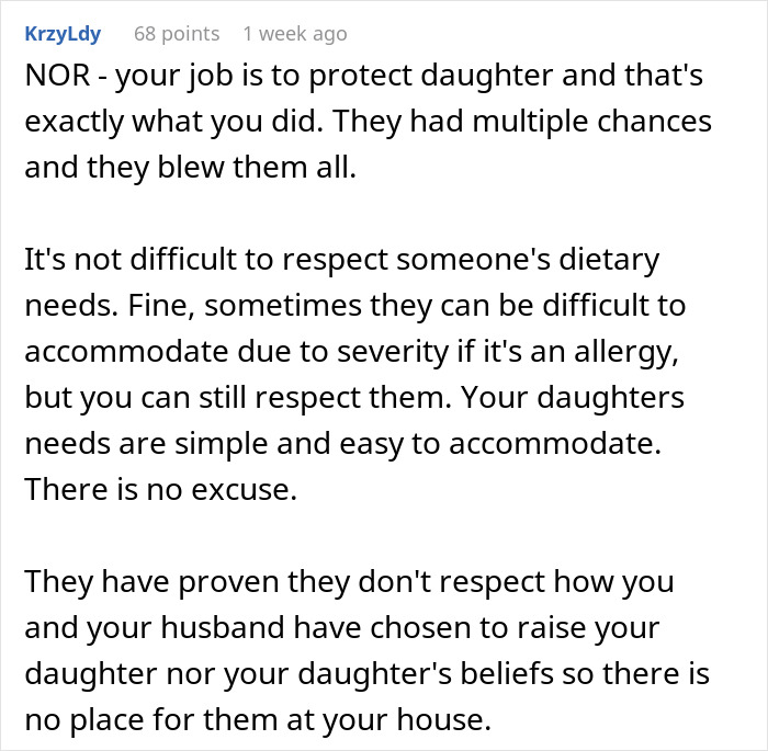 Comment discussing a mom protecting her daughter from in-laws mocking her paganism and ignoring dietary needs.