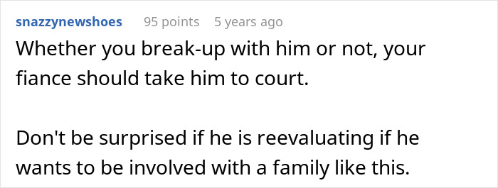Comment about fianc&eacute; threatening to take bride&rsquo;s brother to court causing bride&rsquo;s family to want to call off wedding.