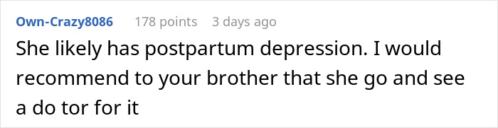 Screenshot of a Reddit comment discussing postpartum depression and recommending a doctor for stay-at-home mom support.