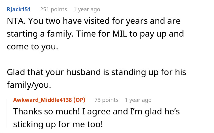 Reddit comments discussing a mother-in-law upset over son choosing wife and baby over her, calling it selfish and possessive.