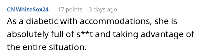 Comment from ChiWhiteSox24 expressing frustration about a woman eating what she shouldn&rsquo;t and affecting a coworker.