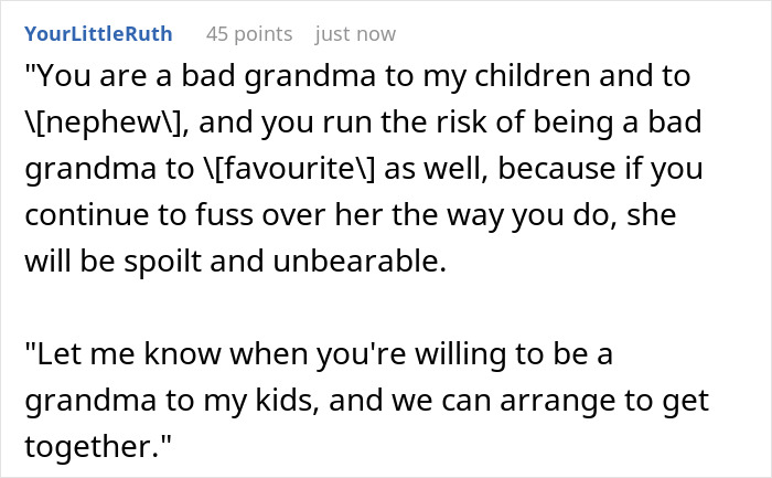 Text post showing a mom confronting MIL about favoritism towards a grandchild and treating others like burdens.