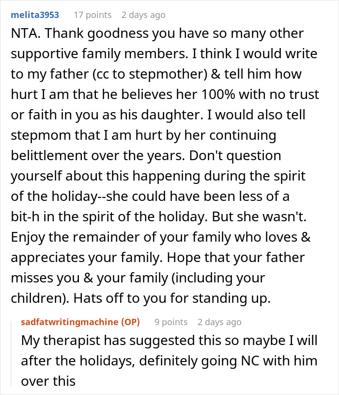 Reddit comments discussing family conflict after woman’s comment about stepdaughter’s sexuality during Thanksgiving. Reddit comments discussing family conflict after woman’s comment about stepdaughter’s sexuality during Thanksgiving.