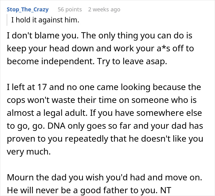 Text conversation discussing becoming independent from a father, related to reality check on his 50th birthday.