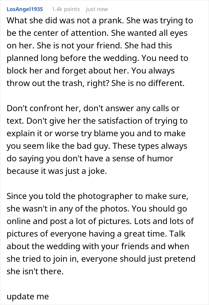 Bridesmaid in bold red dress at all-black wedding causing guests to gasp as bride notices the standout outfit.