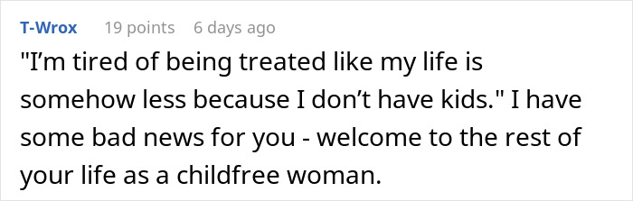 Comment expressing frustration about being treated differently for being childfree, highlighting family vacation tension.