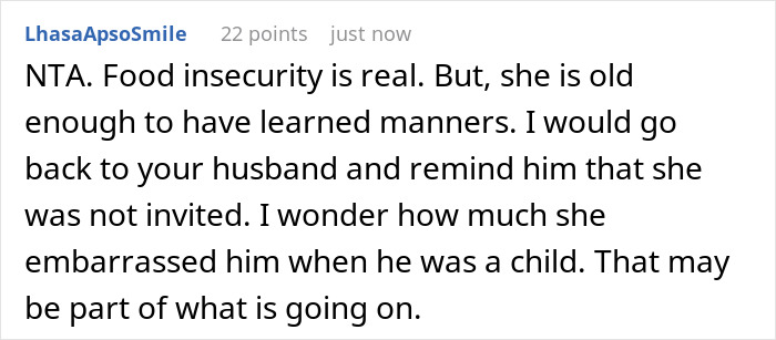 Comment discussing food insecurity and poor manners of a mother-in-law hogging Thanksgiving food and causing family conflict. Comment discussing food insecurity and poor manners of a mother-in-law hogging Thanksgiving food and causing family conflict.