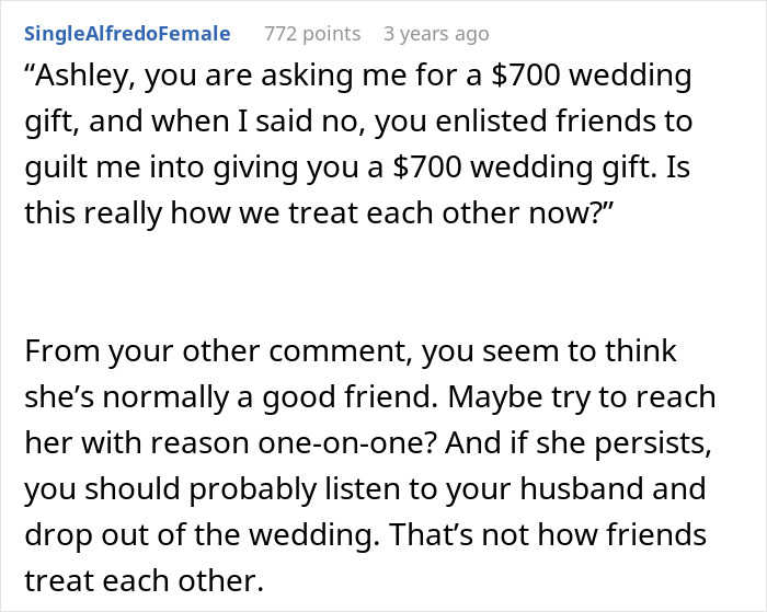 Text message exchange showing conflict over expensive wedding gift linked to bride wanting to upgrade honeymoon at bridesmaid's expense.