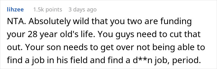 Screenshot of an online comment discussing husband retirement children finances and the challenges of adult children financial dependence.