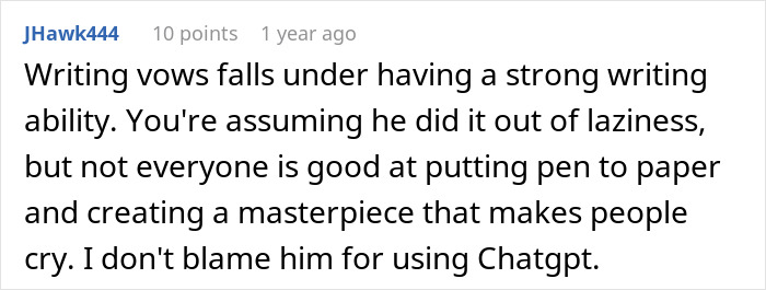 Reddit comment discussing groom’s vows making wife cry and the impact of using AI for writing heartfelt messages. Reddit comment discussing groom’s vows making wife cry and the impact of using AI for writing heartfelt messages.
