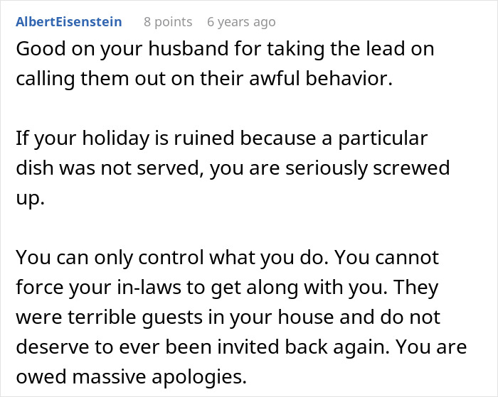 Commenter supports husband addressing in-laws who made fun of woman and ruined Thanksgiving dinner holiday experience. Commenter supports husband addressing in-laws who made fun of woman and ruined Thanksgiving dinner holiday experience.