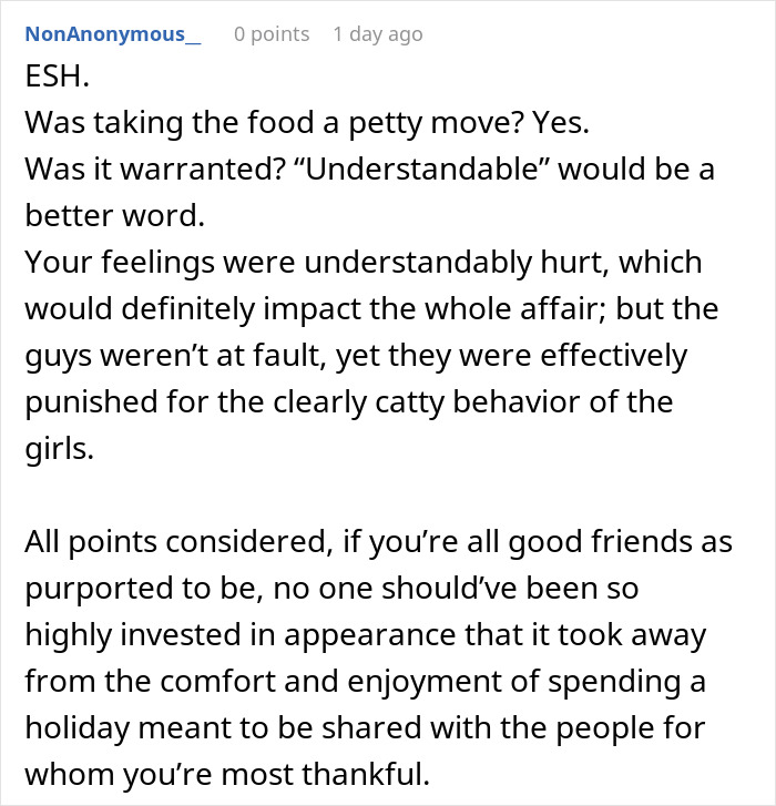 Alt text: Online comment discussing a woman storming out of Friendsgiving with the food over dress-code betrayal and hurt feelings. Alt text: Online comment discussing a woman storming out of Friendsgiving with the food over dress-code betrayal and hurt feelings.