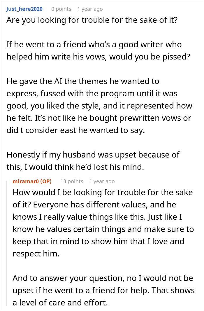 Text conversation about groom’s vows making wife cry and her mixed feelings after learning how he wrote them online. Text conversation about groom’s vows making wife cry and her mixed feelings after learning how he wrote them online.