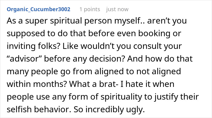 Comment criticizing a spiritual bride&rsquo;s decision causing chaos, discussing spirituality and alignment before weddings.