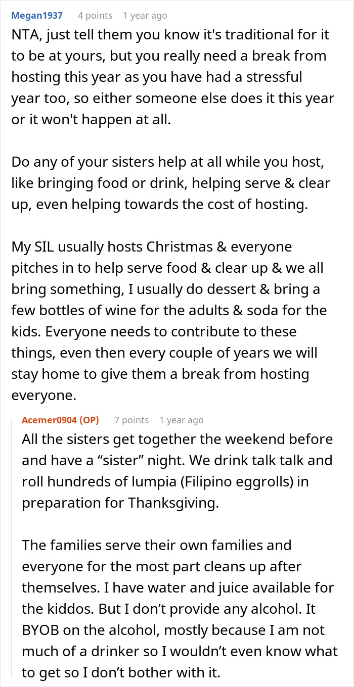 Reddit conversation discussing a woman needing a break from hosting traditional family Thanksgiving with sister conflicts.