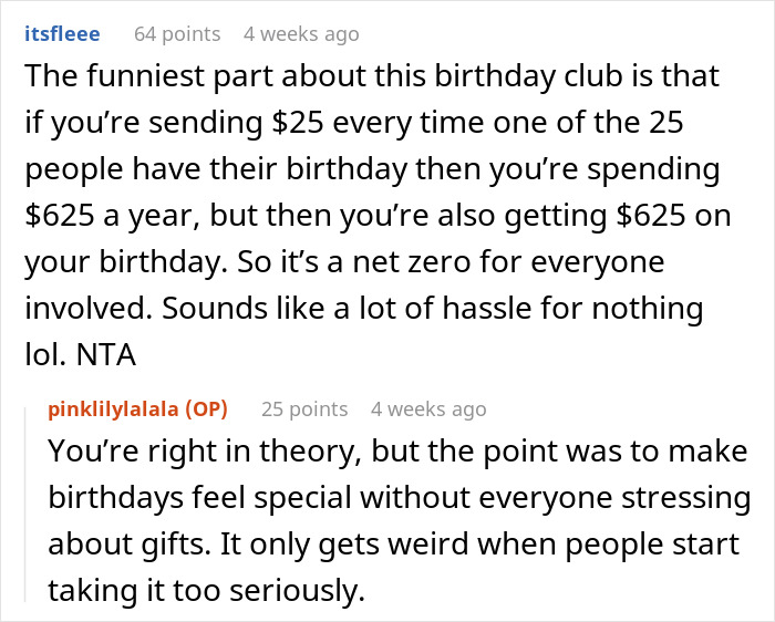 Screenshot of a family chat discussing birthday money exchanges and the idea of making birthdays feel special without gift stress.