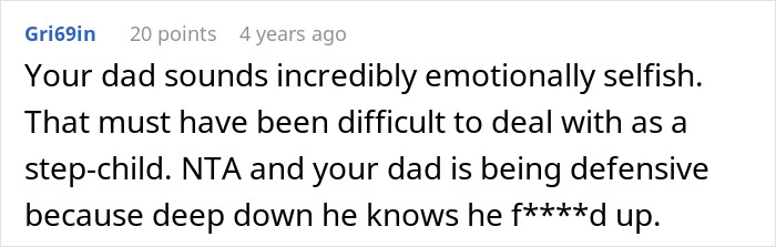 Comment highlighting a selfish dad&rsquo;s emotional selfishness and defensiveness after ruining a Christmas memory with his daughter.