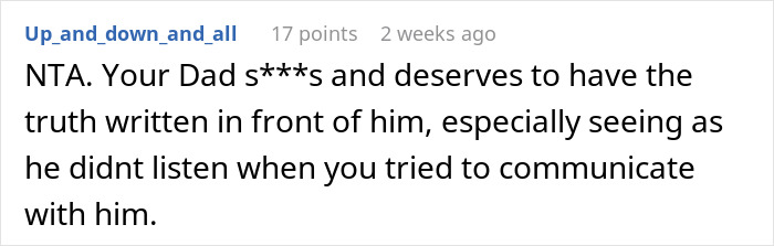 Screenshot of a Reddit comment explaining how a teen gives his father a reality check on his 50th birthday.