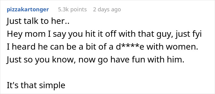 Text post showing a teen advising his recently divorced mom about a man who is a total womanizer.