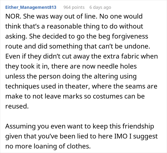Alt text: Woman shocked and confused over refusing to pay $90 for borrowed dress altered without permission