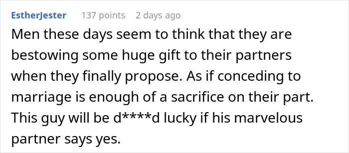 Comment criticizing a man who thinks his marriage proposal counts as a Christmas gift, receiving a reality check.