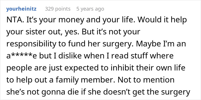 Screenshot of a Reddit comment discussing the fairness of funding a sister&rsquo;s $4k plastic surgery amid body dysmorphia concerns.