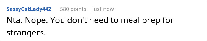 Screenshot of an online comment discussing entitlement and refusal of free meals between siblings in a family conflict.