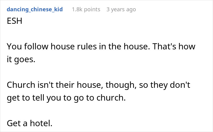 Screenshot of a Reddit comment discussing MIL making son's girlfriend sleep in a different room over church and praying issues.