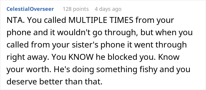 Screenshot of an online forum comment discussing a suspicious blocked call during a man&rsquo;s work trip causing relationship doubts.