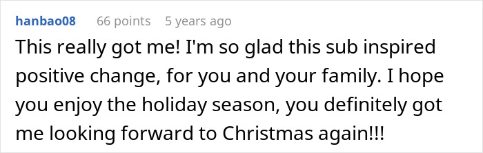 Comment expressing relief and hope for a positive change about Christmas, mentioning holiday season and family support.