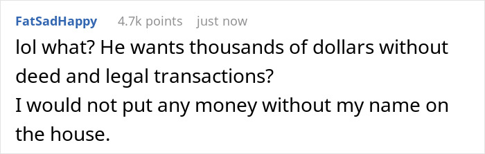 Screenshot of a forum comment discussing a boyfriend&rsquo;s $100k renovation funding without marriage and transaction concerns.