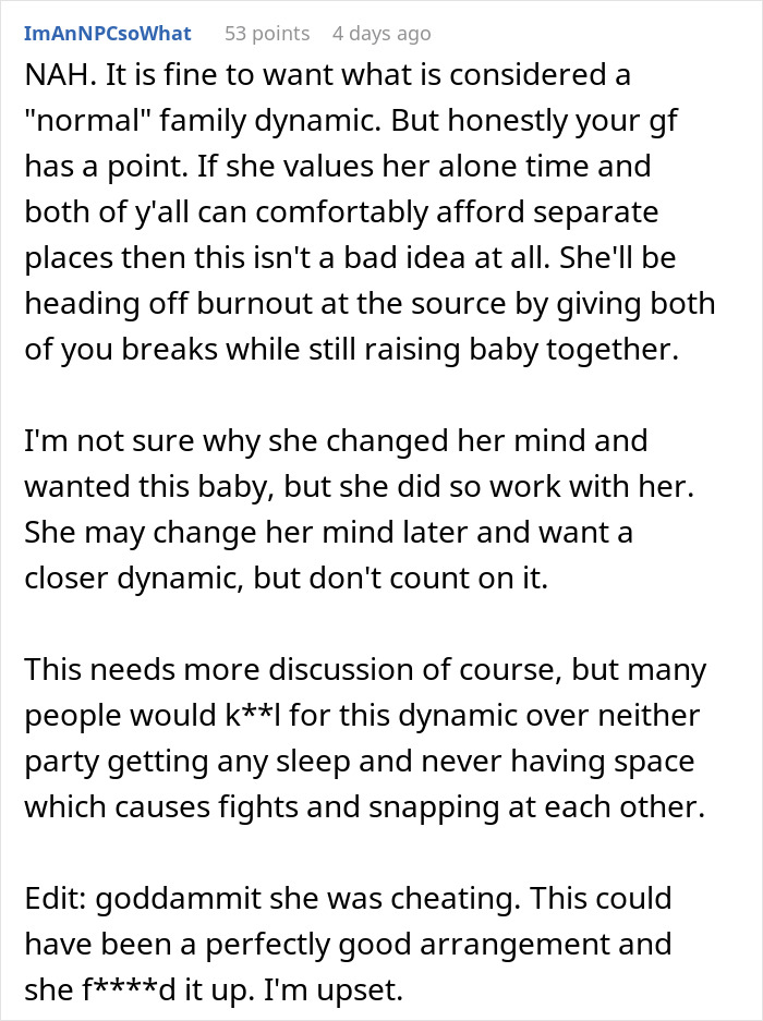 Text post discussing pregnant girlfriend refusing to move together, emphasizing need for personal space and relationship challenges.