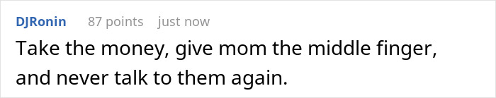 Comment text displayed on a white background discussing family conflict about money and inheritance protection by a mom. Comment text displayed on a white background discussing family conflict about money and inheritance protection by a mom.