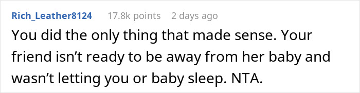 Comment about friend agreeing to babysit overnight while mom panics and calls frequently, showing concern and support.