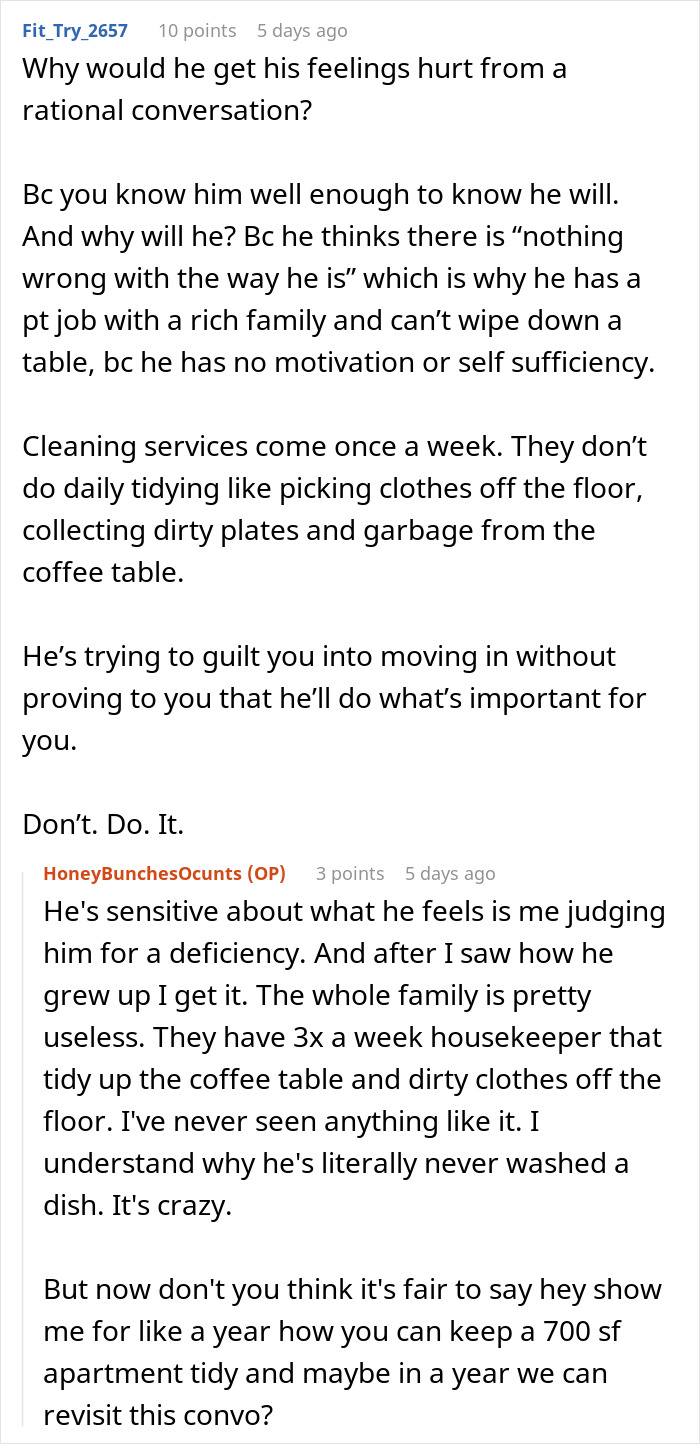 Discussion about boyfriend lacking motivation and the girlfriend’s unease about moving in and feeling overwhelmed with chores. Discussion about boyfriend lacking motivation and the girlfriend’s unease about moving in and feeling overwhelmed with chores.