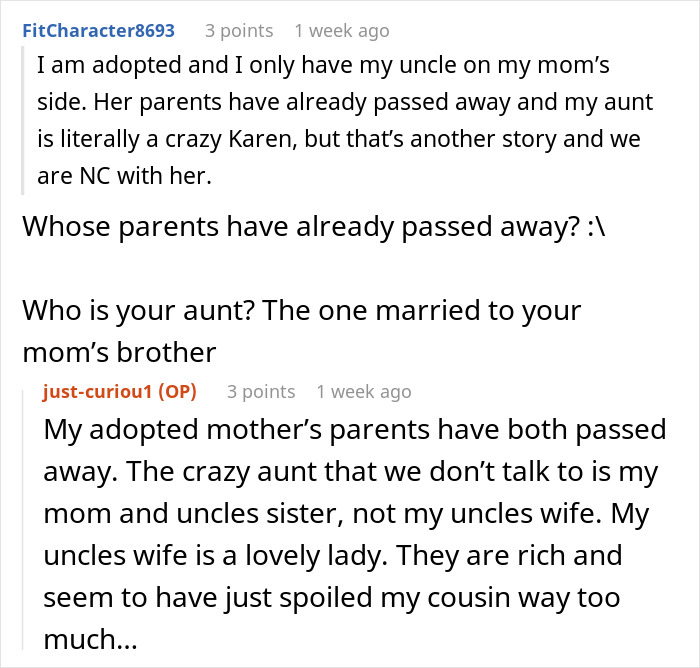 Text conversation showing a bride&rsquo;s mad cousin upset about her dress at a wedding and family tensions explained.