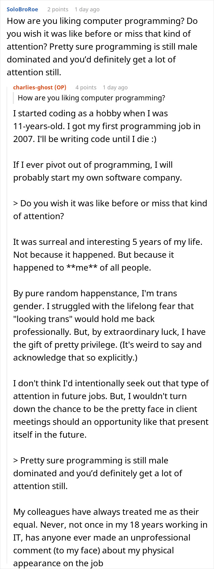 Screenshot of online discussion about female software developer invited to client meetings as a pretty face in male-dominated programming field. Screenshot of online discussion about female software developer invited to client meetings as a pretty face in male-dominated programming field.
