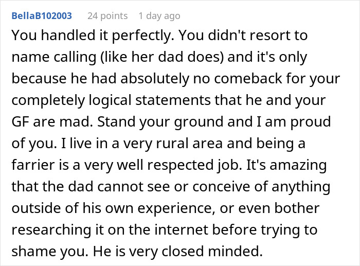 Screenshot of a forum comment praising someone for handling a funny guy mocking daughter's boyfriend because of his job. Screenshot of a forum comment praising someone for handling a funny guy mocking daughter's boyfriend because of his job.