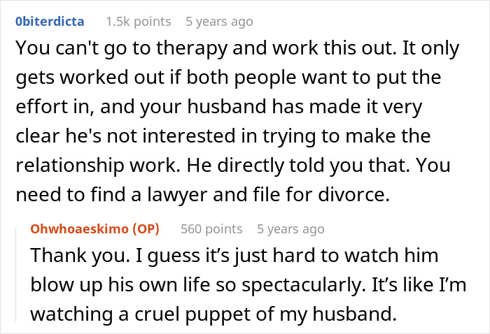 Text conversation about a woman sharing a 5 year update after leaving her cheating husband, discussing divorce advice. Text conversation about a woman sharing a 5 year update after leaving her cheating husband, discussing divorce advice.