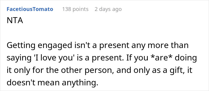 Comment discussing how a man thinks a proposal counts as a Christmas gift but receives a reality check.