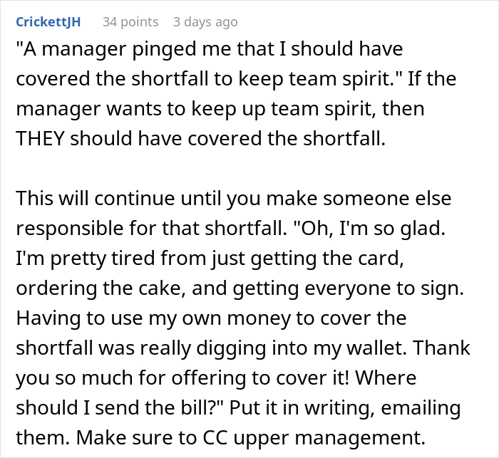 Text of a work message about covering shortfall for a birthday involving coworkers and Venmo ghosting.