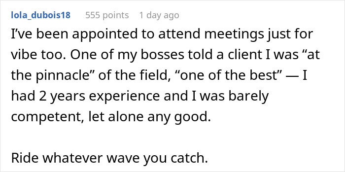 Text post from user lola_dubois18 sharing experience of being invited to client meetings as a female software developer by boss. Text post from user lola_dubois18 sharing experience of being invited to client meetings as a female software developer by boss.