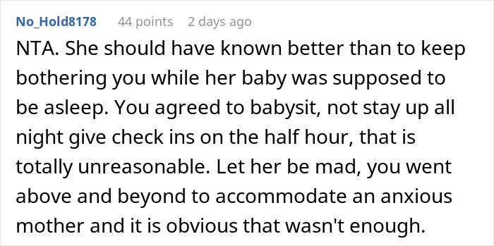 Screenshot of a comment about a friend agreeing to babysit overnight while a mom makes frequent panic calls.