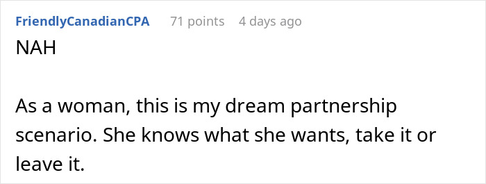 Comment from FriendlyCanadianCPA discussing a pregnant girlfriend refusing move together and asserting her wishes clearly.