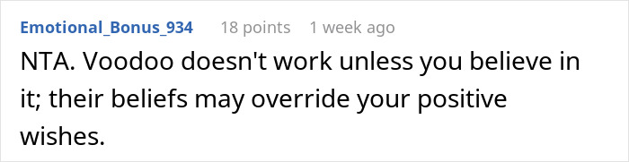 Comment text on a white background about voodoo beliefs and positive wishes related to woman&rsquo;s savage revenge on petty neighbor.