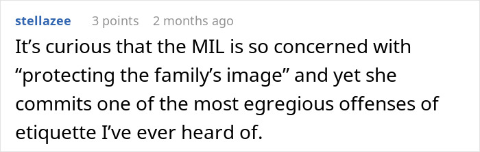 Screenshot of an online comment discussing MIL&rsquo;s secret wedding invites and protecting the family image controversy.