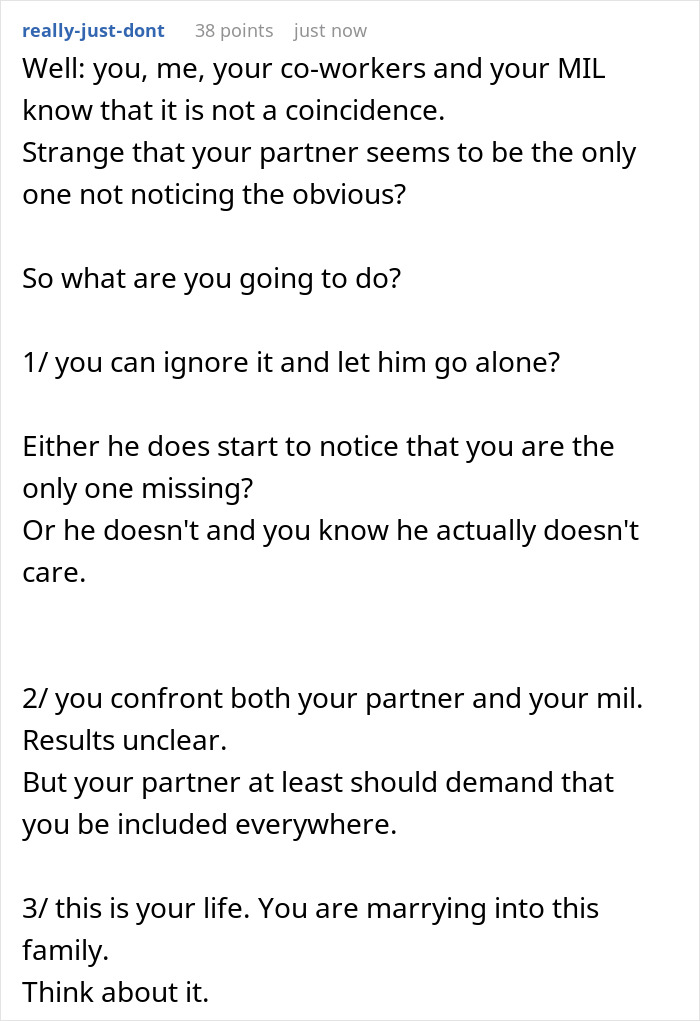 Text post discussing future MIL scheduling family events on days the lady is working, causing tension in the relationship.